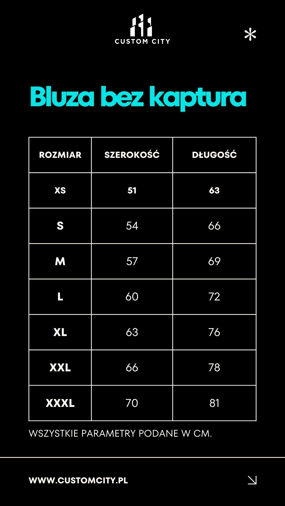 Tabela rozmiarów bluza bez kaptura